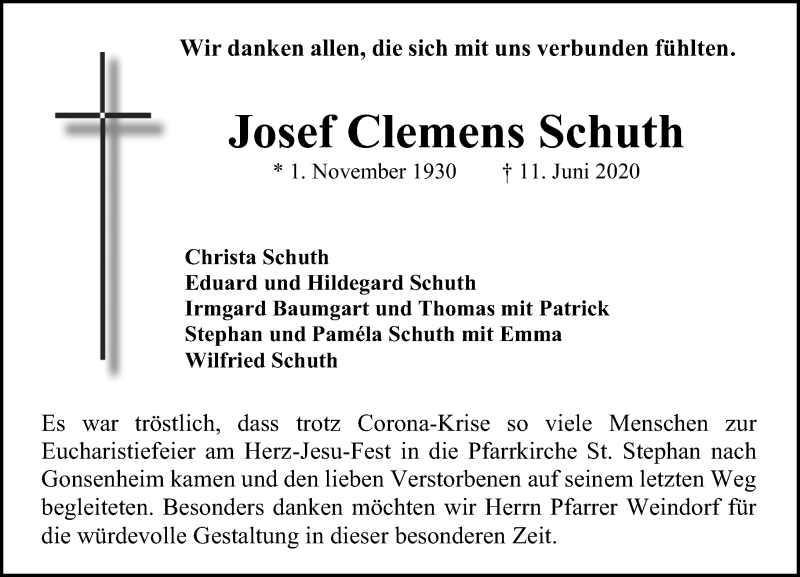  Traueranzeige für Josef Clemens Schuth vom 27.06.2020 aus vrm-trauer