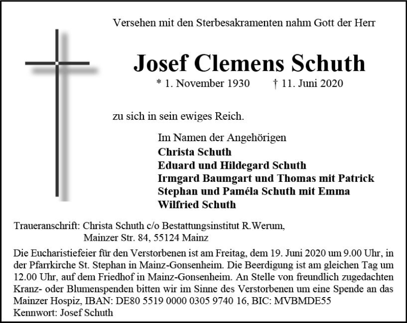  Traueranzeige für Josef Clemens Schuth vom 17.06.2020 aus vrm-trauer