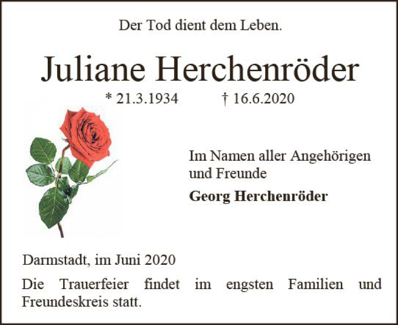  Traueranzeige für Juliane Herchenröder vom 20.06.2020 aus vrm-trauer