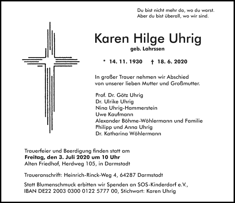  Traueranzeige für Karen Hilge Uhrig vom 27.06.2020 aus vrm-trauer