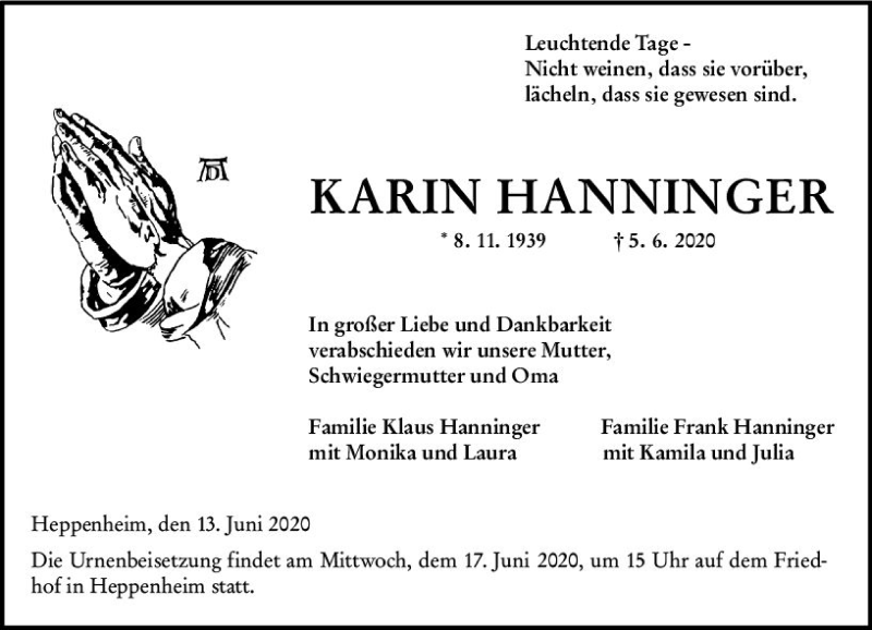  Traueranzeige für Karin Hanninger vom 13.06.2020 aus vrm-trauer