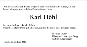 Traueranzeige von Karl Höhl von vrm-trauer
