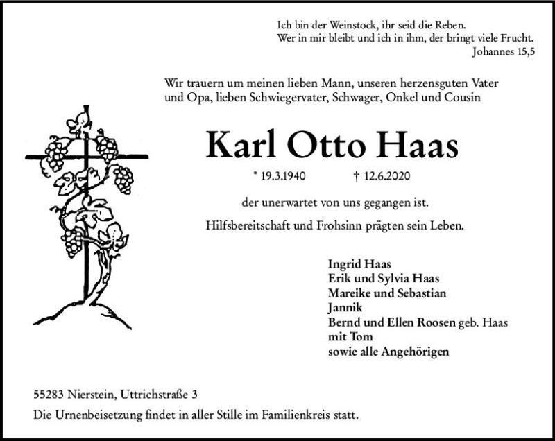  Traueranzeige für Karl Otto Haas vom 17.06.2020 aus vrm-trauer