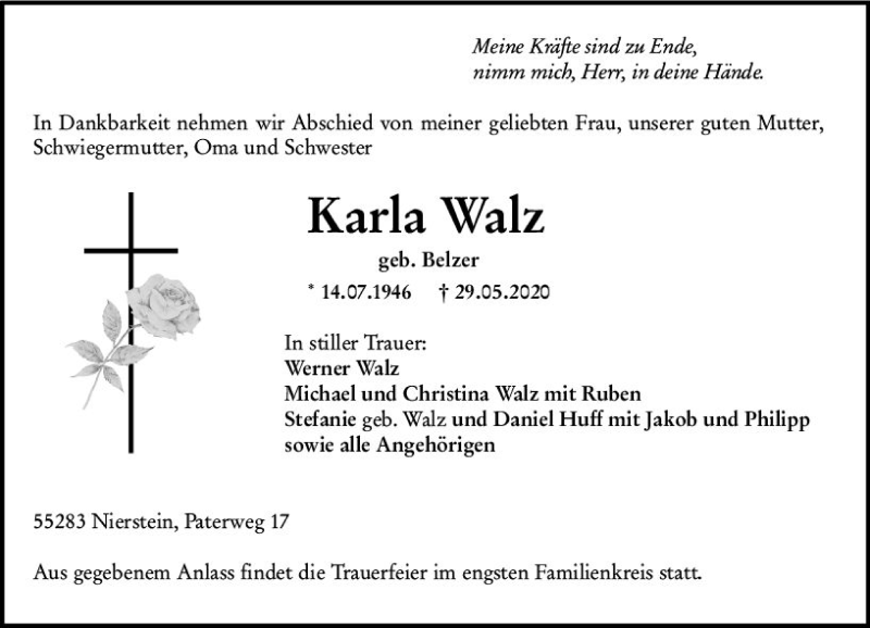  Traueranzeige für Karla Walz vom 03.06.2020 aus vrm-trauer