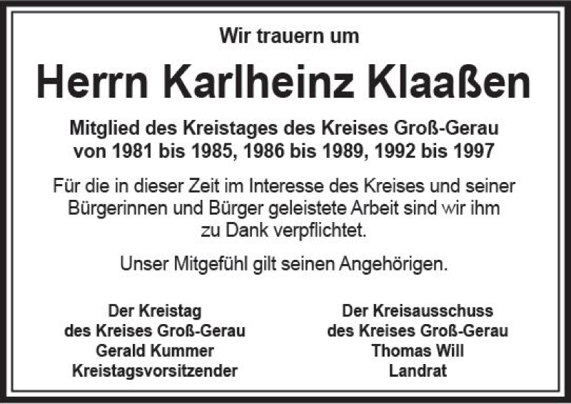  Traueranzeige für Karlheinz Klaaßen vom 24.06.2020 aus vrm-trauer