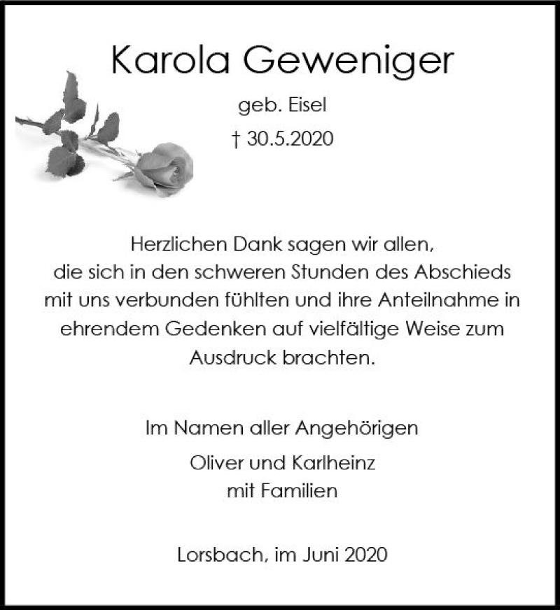  Traueranzeige für Karola Geweniger vom 19.06.2020 aus vrm-trauer