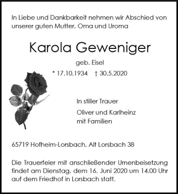 Traueranzeige von Karola Geweniger von vrm-trauer