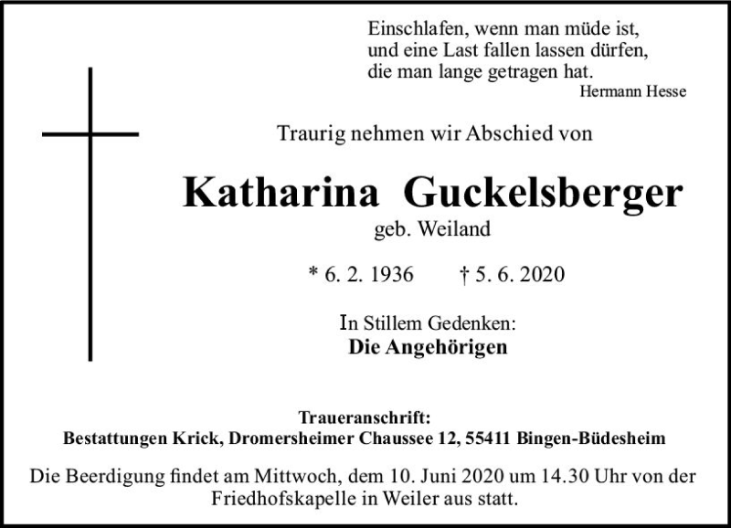  Traueranzeige für Katharina Guckelsberger vom 08.06.2020 aus vrm-trauer