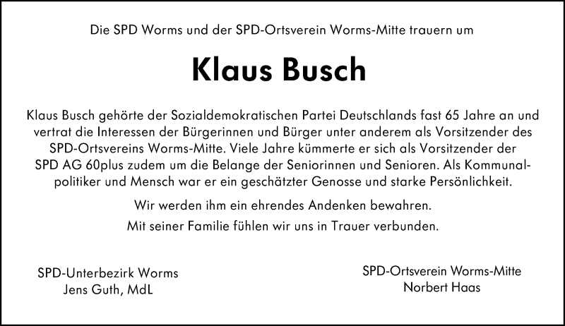  Traueranzeige für Klaus Busch vom 27.06.2020 aus vrm-trauer