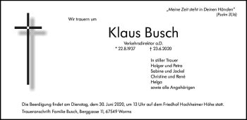 Traueranzeige von Klaus Busch von vrm-trauer