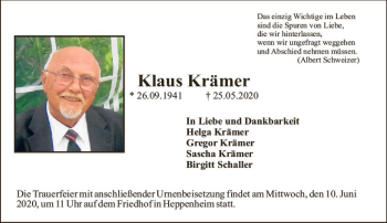 Traueranzeige von Klaus Krämer von vrm-trauer