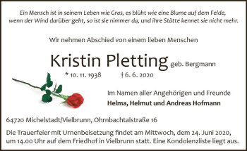 Traueranzeige von Kristin Pletting von vrm-trauer
