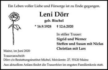Traueranzeige von Leni Dörr von vrm-trauer