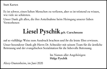Traueranzeige von Liesel Pyschick von vrm-trauer