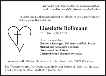 Traueranzeige von Lieselotte Bollmann von vrm-trauer