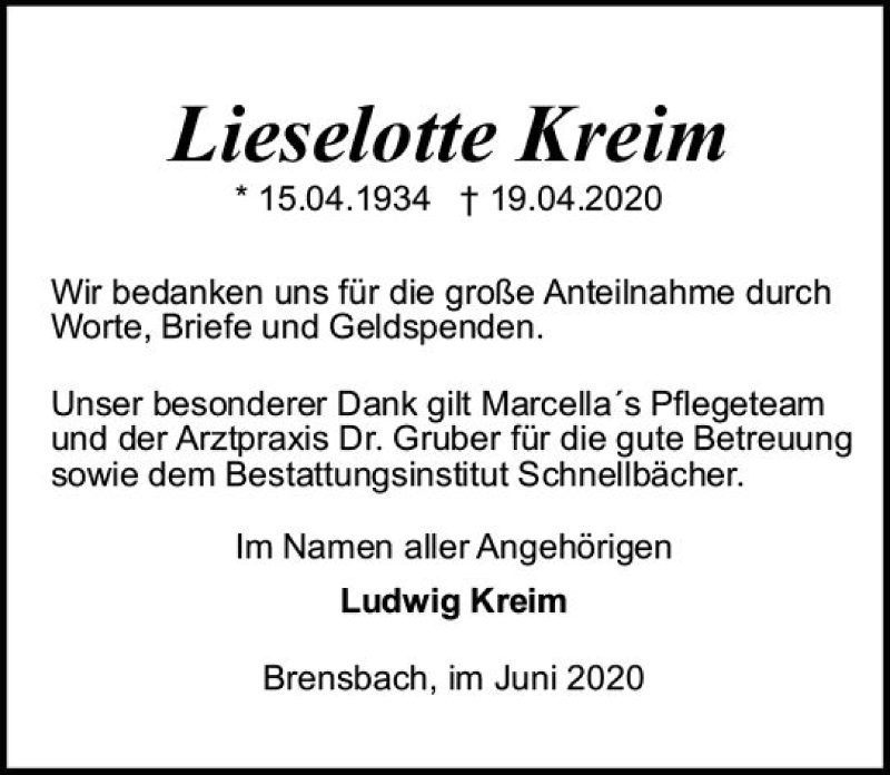  Traueranzeige für Lieselotte Kreim vom 20.06.2020 aus vrm-trauer