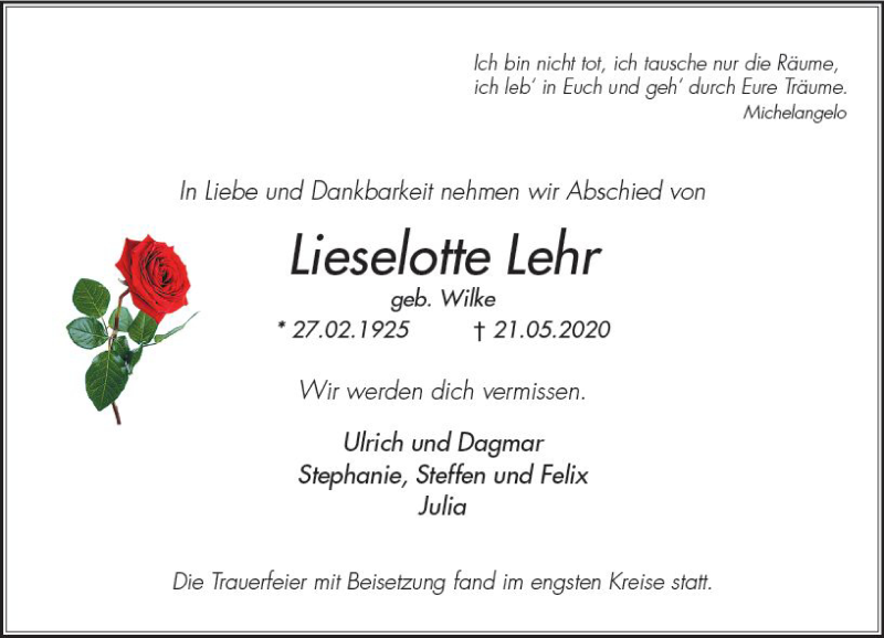  Traueranzeige für Lieselotte Lehr vom 06.06.2020 aus vrm-trauer