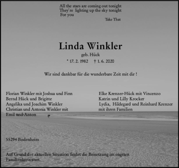 Traueranzeige von Linda Winkler von vrm-trauer
