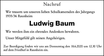 Traueranzeige von Ludwig Baum von vrm-trauer