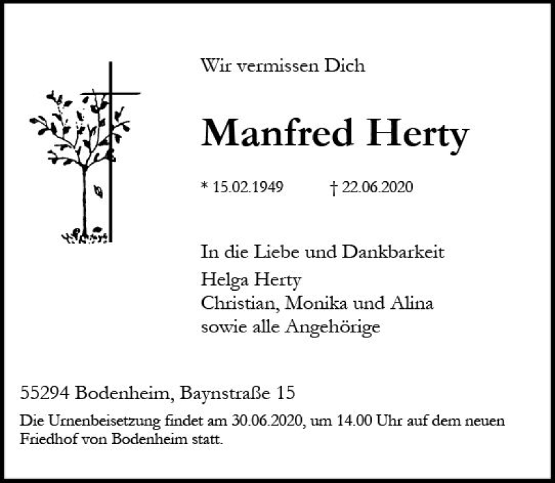  Traueranzeige für Manfred Herty vom 25.06.2020 aus vrm-trauer