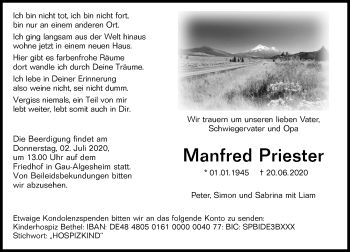 Traueranzeige von Manfred Priester von vrm-trauer