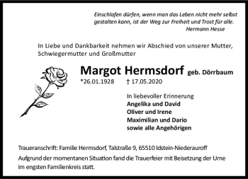 Traueranzeige von Margot Hermsdorf von vrm-trauer