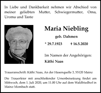 Traueranzeige von Maria Nieblin von vrm-trauer