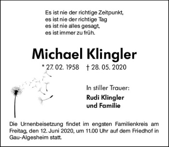 Traueranzeige von Michael Klingler von vrm-trauer