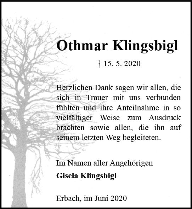  Traueranzeige für Othmar Klingsbigl vom 20.06.2020 aus vrm-trauer