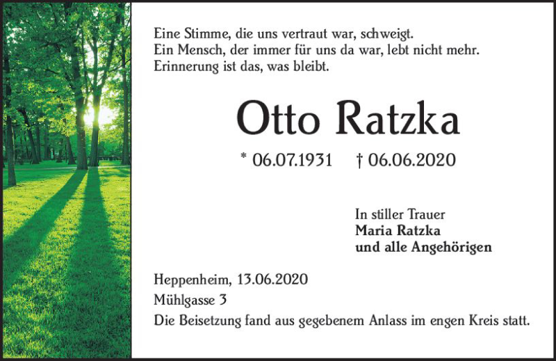 Traueranzeige für Otto Ratzka vom 13.06.2020 aus vrm-trauer