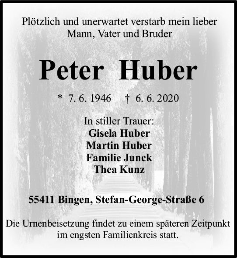  Traueranzeige für Peter Hube vom 13.06.2020 aus vrm-trauer