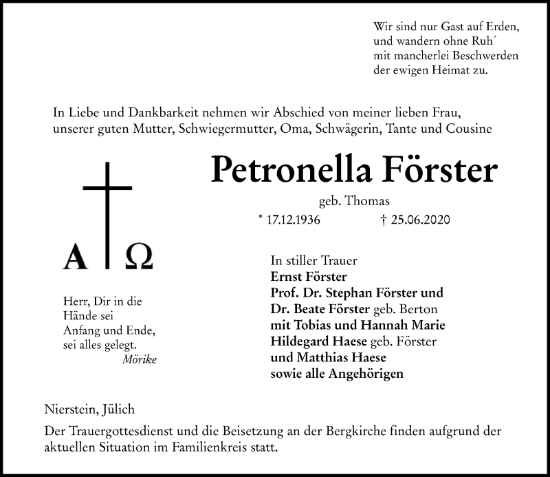  Traueranzeige für Petronella Förster vom 27.06.2020 aus vrm-trauer
