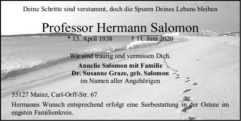  Traueranzeige für ProHermann Salomon vom 17.06.2020 aus vrm-trauer
