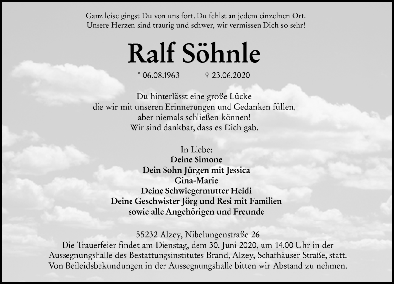  Traueranzeige für Ralf Söhnle vom 27.06.2020 aus vrm-trauer