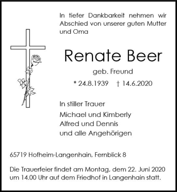 Traueranzeige von Renate Beer von vrm-trauer