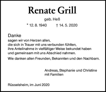 Traueranzeige von Renate Grill von vrm-trauer