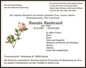 Traueranzeige von Renate Neubrand von vrm-trauer