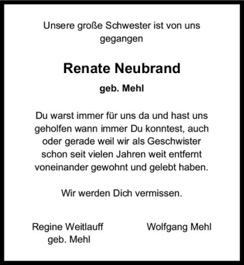 Traueranzeige von Renate Neubrand von vrm-trauer