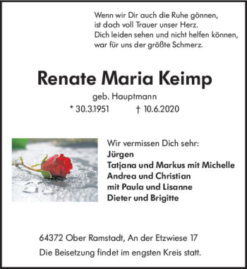 Traueranzeige von Renate Maria Keimp von vrm-trauer