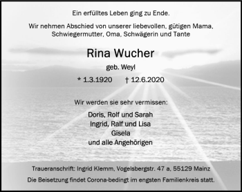 Traueranzeige von Rina Wucher von vrm-trauer