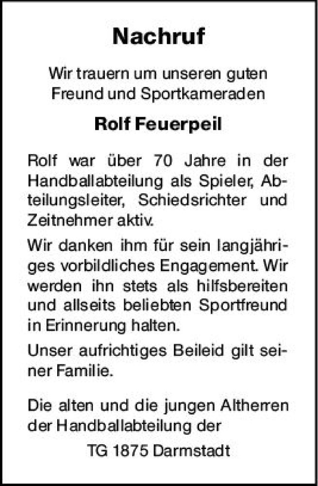  Traueranzeige für Rolf Feuerpeil vom 15.06.2020 aus vrm-trauer