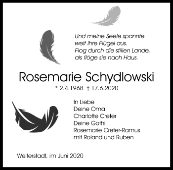 Traueranzeige von Rosemarie Schydlowski von vrm-trauer