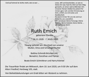 Traueranzeige von Ruth Emich von vrm-trauer