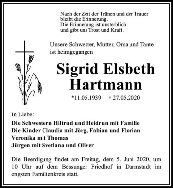 Traueranzeige von Sigrid Elsbeth Hartmann von vrm-trauer