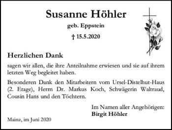 Traueranzeige von Susanne Höhler von vrm-trauer