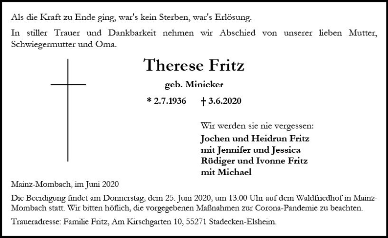  Traueranzeige für Therese Fritz vom 20.06.2020 aus vrm-trauer