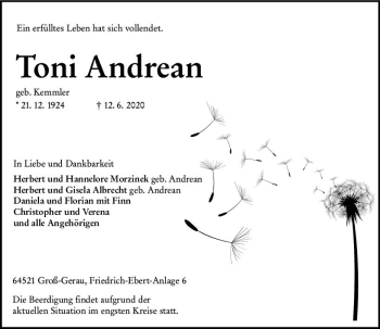 Traueranzeige von Toni Andrean von vrm-trauer