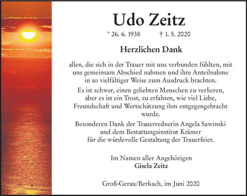  Traueranzeige für Udo Zeitz vom 06.06.2020 aus vrm-trauer