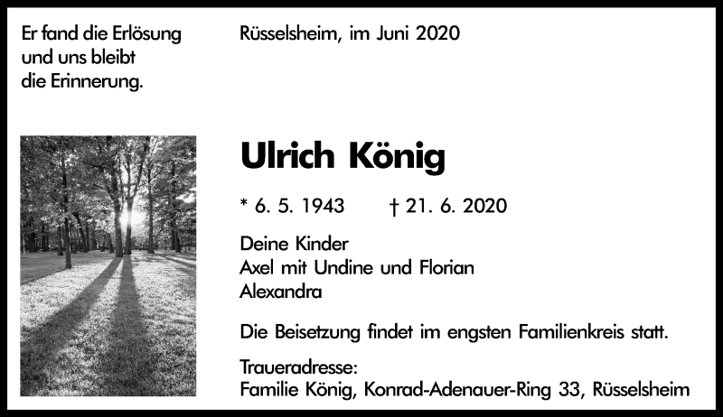  Traueranzeige für Ulrich König vom 27.06.2020 aus vrm-trauer