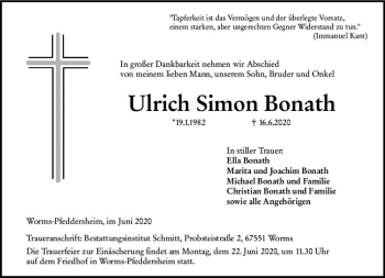 Traueranzeige von Ulrich Simon Bonath von vrm-trauer